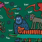 Text: "Hallo, Mama June!", "hier". Illustration von bunten Tieren und Blumen auf grünem Hintergrund.