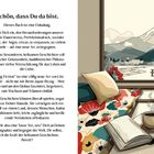 Links Text über Einladung zu "Healing Fiction". Rechts eine Illustration: ein Fensterblick auf Berge, Blumen, Bank.