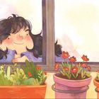 Ein Mädchen schaut durch ein Fenster, umgeben von Blumentöpfen mit grünen und blühenden Pflanzen.