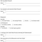 Fragen beantworten: Über Pablo Picasso, sein Herkunftsland, Farben des Bildes, Hintergrund, Malstil, Jahr der Friedens-Taube, Wünsche nach dem Krieg.