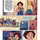 Comic mit Texten: "Planet Hoarus B-31-R", "Hier residieren Assassinen", "Die meiste Zeit...", "niemals Fragen stellen". Junge mit Aliens.