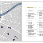 Eine Karte zeigt zentrale Orte in Dresden mit Nummern. Rechts eine Liste von Sehenswürdigkeiten in Deutsch und Englisch.