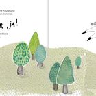 Eine Illustration zeigt einen Jungen, der fröhlich mit einer Nasenblase über bunte Bäume schwebt. Eine Person schaut nach oben.