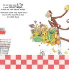 Text beschreibt, warum Affen nicht in Einkaufswagen gehören. Illustration: Affen im Einkaufswagen voller Obst. Verkäuferin schaut zu.