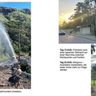 Tag 13 AUS: Frühstück nach Zeltnacht, Tag 22 AUS: Kängurus, Tag 18: 4 wheels bei Unwetter. Natur, Straße mit Wasserfontäne.