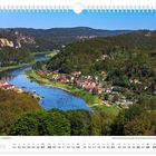 März. Malerisch an der Elbe gelegen – Stadt Wehlen. Kalender mit einem Fluss, Wäldern und einer kleinen Stadt.