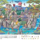 Kalender für Juni mit einer märchenhaften Drachenlandschaft: bunte Drachen, ein Schloss, Wasserfall und Brücke.