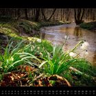 Kalender für März 2027. Ein Bach fließt durch einen Wald, Schneeglöckchen blühen am Ufer.