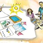 Nummer 3. Illustration: Menschen basteln mit Papier, Blättern und Farbe unter Sonnenschein, lächelnd an einem Tisch.