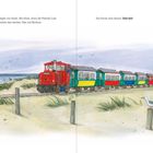 Text: "Vierzehn Tage Inselferien... Hier auf Borkum. Sie freuen sich darauf. Und wie!" Eine bunte Inselbahn fährt am Strand entlang.