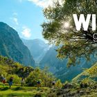 Text: "WILD guide". Eine bergige Landschaft mit grünen Bäumen, einem großen Baum rechts und fünf Menschen, die spazieren.