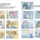 Links: Abendroutine eines Kindes beschrieben. Rechts: Unterschiedliche Einschlafgeschwindigkeiten mit Illustrationen von Schafen und Kindern.