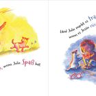 Links: "Jessie macht es froh, wenn Julie Spaß hat." Kind spielt mit Hund. Rechts: "Julie macht es traurig, wenn es Jessie nicht gut geht." Kind sitzt enttäuscht mit Hund und kaputtem Fahrrad.