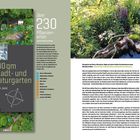 Links oben: "über 230 Pflanzenarten". Links Mitte: "180qm Stadt- und Naturgarten". Rechts: "Lebendige Gärten im Einklang mit der Natur". Größerer Garten mit verschiedenen Pflanzen und einem kleinen Teich.