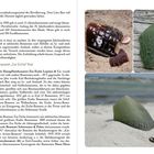 Links drei Absätze über Brauereien und deren Geschichte. Rechts oben und Mitte: Flaschenglasfragmente im Sand; unten: Flaschenfragment am Strand.