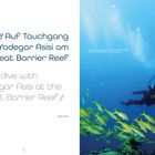 Text: "// Auf Tauchgang mit Yadegar Asisi am Great Barrier Reef". Taucher unter Wasser, gelbe Fische um ihn herum.
