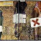 Text: "Periodensystem der Elemente". Drei Figuren mit Kisten, davon eine mit rotem Kreuz. Hintergrund aus braunem Gittermuster.