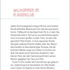 Willkommen im Plauderclub. Text beschreibt Treffen im Seniorenwohnheim mit Kaffee, Terrasse und Handarbeiten.