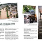 Texte: 
1. "WENN DIE STIMMUNG KIPPT"
2. "DIE 5 GEFÄHRLICHSTEN ORTE BEI UNWETTERN IN DER STADT"

Oben: Hochwasser überflutet Stadt. Rechts: Auto von Ast getroffen, Person schützt sich vor Regen.