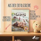 Texte: "Ein Buch für Hansi", "Kunstvoll illustriert", "Wichtige Themen: Mitgefühl, Freundschaft & Tierschutz". Buchcover zeigt Schweine.