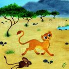 Eine Illustration zeigt ein junges Löwenjunges und ein kleines Nagetier in einer Savannenlandschaft mit Bäumen und Bergen im Hintergrund.