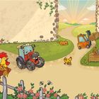 Illustration mit lachendem Traktor, Huhn und Hahn auf einem Bauernhof. Sonnenaufgang im Hintergrund.
