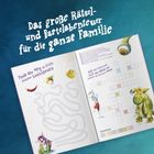 "Das große Rätsel- und Bastelabenteuer für die ganze Familie" steht oben. Buch enthält Labyrinthe und Kreuzworträtsel mit bunten Figuren.