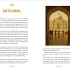 Texte: "DAS TAJ MAHAL", gefolgt von einem beschreibenden Absatz über das Bauwerk. 

Rechts eine Illustration des Taj Mahal im Durchblick eines Tors.