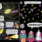 Comic über das Weltall: "Die Milchstraße hat Milliarden Sterne, 100.000 Lichtjahre Durchmesser." "Sauriesig!!!" Bunte Illustrationen.