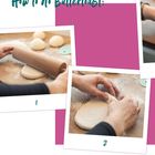 Text: "How to do Buttertoast: 1, 2, 34 BROT". Bilder zeigen Hände, die Teig rollen und formen.