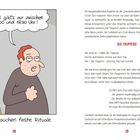 „Prügel gibt’s nur zwischen 18.00 und 18.30 Uhr!“ Ein großer Mann und ein kleiner Junge mit müden Augen. Text über „Die Trippers.“