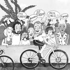 Text: "LOS ROBBIE! GO ROBBIE! MEIN ENKEL! Forza!" Illustration einer Zuschauergruppe, die einen Radfahrer anfeuert.