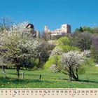 03. März 2023 Kalender. Ruinen auf einem Hügel, blühende Bäume im Vordergrund, blauer Himmel.