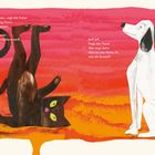 Zwei Texte. Katze sagt, besser, wenn was kommt. Hund fragt, ob es was Gutes ist. Illustration: Katze spielt, Hund sitzt. Hintergrund in Rot-Orange.