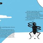 Text: „TAG 13 VON 23“, „SITZ! STILL!“, Dialoge zwischen einer Fliege und einem Bussard. Illustration: Fliege auf blauem Hintergrund.