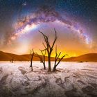 Text: Kein Text vorhanden. Sternenhimmel über einer Wüstenlandschaft mit toten Bäumen und Dünen, ein faszinierendes Naturschauspiel.