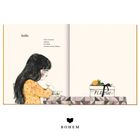 "Stille. Und es knirscht mühsam das Müsli zwischen meinen Zähnen." Illustration: Kind mit Müsli, rechts Geschenkbox 'PLATON'.