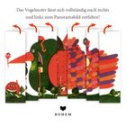 Das Bild zeigt ein buntes, ausfaltbares Vogelmotiv; im Hintergrund ist ein Logo mit dem Text BOHEM.