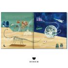 Ein Skelett und Gemälde im Museum; Auto, Mond und Rakete im Weltall. Hunde, Kleider und ägyptische Figuren im surrealen Stil.