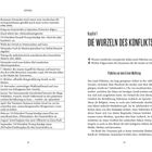 Seite links: Zeittafel von 2009 bis 2025 mit Ereignissen in Israel und Palästina.  
Seite rechts: Kapitel 1, "Die Wurzeln des Konflikts".