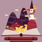 Ein geöffnetes Buch entfaltet eine Landschaft mit Bergen, einem Turm und einem Drachen; eine Illustration.