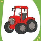 Illustration eines roten Traktors mit großen Rädern, umgeben von einem grünen Rahmen mit gelben Akzenten.