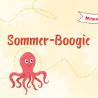 "Sommer-Boogie" und "Mitmachlied" stehen in roter Schrift. Illustration eines lächelnden Oktopus mit gepunkteten Linien und Sonnen.
