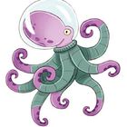 Eine lilafarbene Zeichentrickkrake trägt einen grünen Pullover und einen Helm.