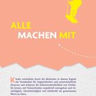 "ALLE MACHEN MIT" in gelb und weiß. Kind auf Schaukel in gelb, Hintergrund lila und rosa, Text über Vielfalt und Respekt.