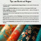 Tipps zum Basteln mit Origami: Verwendung quadratisches Origami-Papier, einfache Figuren, sorgfältiges Falten. Farbige Papierrollen unten.