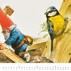 "März" steht unten; Illustration: Ein Gartenzwerg hämmert an einem Holzbrett, neben ihm sitzt ein Kleiber.