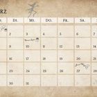 Kalender für März mit Markierungen: 1. "Ron" mit Kuchen und Luftballons, 10. "Remus Lupin", 27. "James Potter".