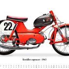 „Kreidler cupracer - 1963“. Ein rot-schwarzes Vintage-Motorrad mit der Nummer 22. Darunter ein Kalender für März.