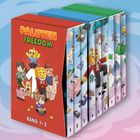 Der Text zeigt "PALUTEN FREEDOM BAND 1-3". Es ist eine bunte Illustration mehrerer Bücher mit cartoonhaften Figuren.